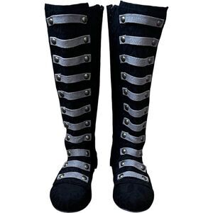 Joyfolie Leighton Black Lace Tall Boots with Grey Straps and Brass Studs Size 1